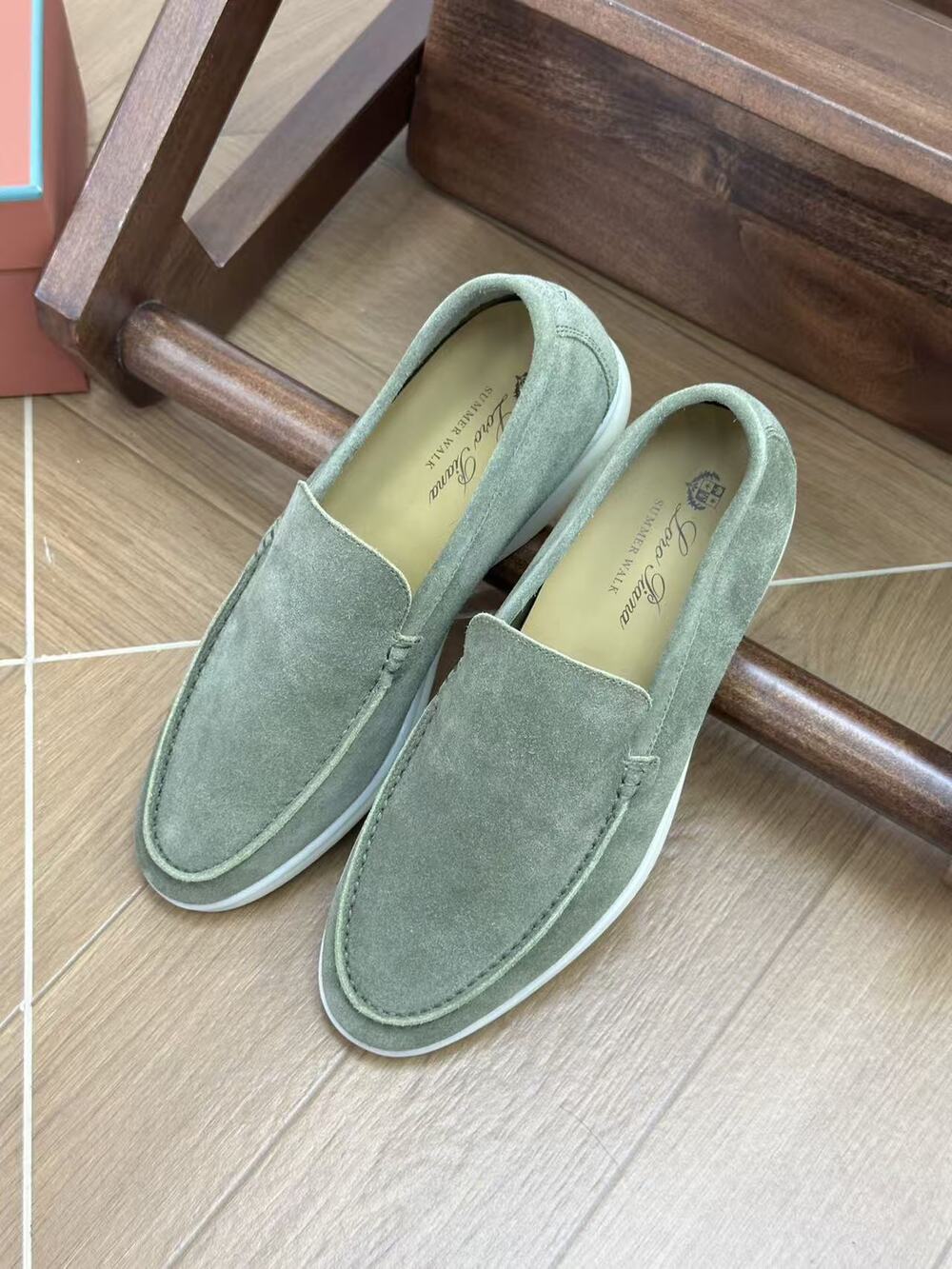 Loro Piana Sage Green Suede Summer Walk Loafers Designer Slip-On Shoes